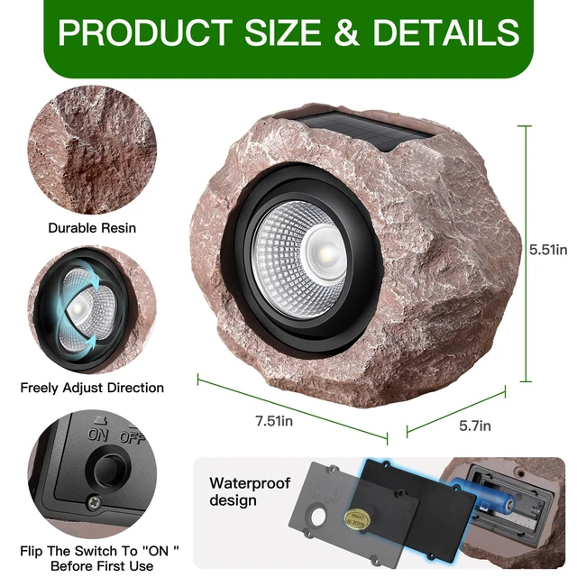 Alt view image 5 of 6 - Solar Rock Lights Outdoor 4 Pack, Faux Rock Landscape Spotlight for Yard | Solar Spotlights Outdoor, Realistic Rock Look, Adjustable Light Direction, Auto On/Off, IP65 Waterproof Garden Patio Lighting