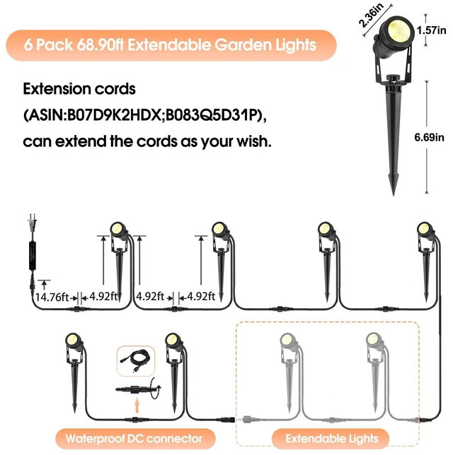 Alt view image 7 of 7 - GreenClick Low Voltage Landscape Lights 6 Pack, 69ft Cable Spotlight Outdoor with 12V Transformer, IP65 Waterproof Plug in Spot Lights 2700K Warm White for Yard, Plant, Lawn, Tree, Flags, Garden