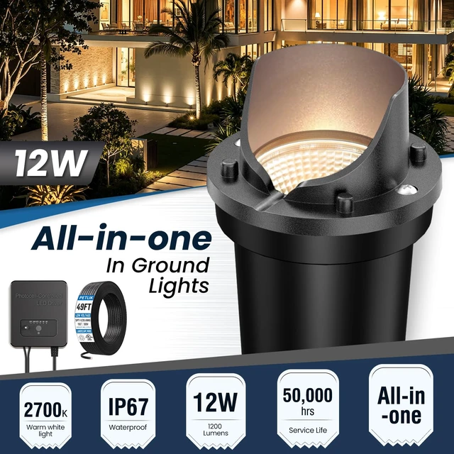 Alt view image 2 of 7 - PETLIK All-in-One Low Voltage Landscape Lighting 12W Outdoor Well Lights | In-Ground Lights IP67 Waterproof with Transformer 49FT UL Listed Wire, 2700K Pathway Lighting for Yard Garden Wall, 6 Pack
