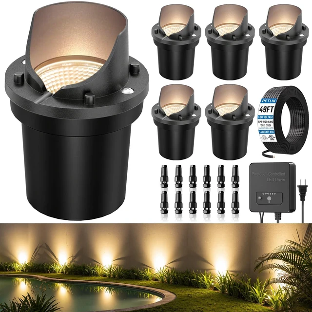 Main image of PETLIK All-in-One Low Voltage Landscape Lighting 12W Outdoor Well Lights | In-Ground Lights IP67 Waterproof with Transformer 49FT UL Listed Wire, 2700K Pathway Lighting for Yard Garden Wall, 6 Pack