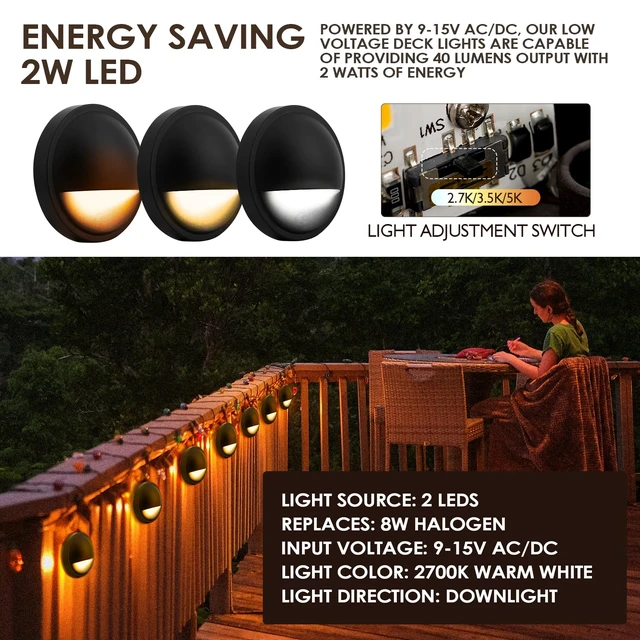 Alt view image 4 of 7 - WOMINGYOUWO LED Low Voltage Deck Lights Outdoor Waterproof,6-Pack 3CCT Deck Lighting Fixtures Landscape Step,3W,12V-24V AC/DC Die-cast Aluminum Housing Fence Lamp Wired 2700K/3500K/5000K (Black)