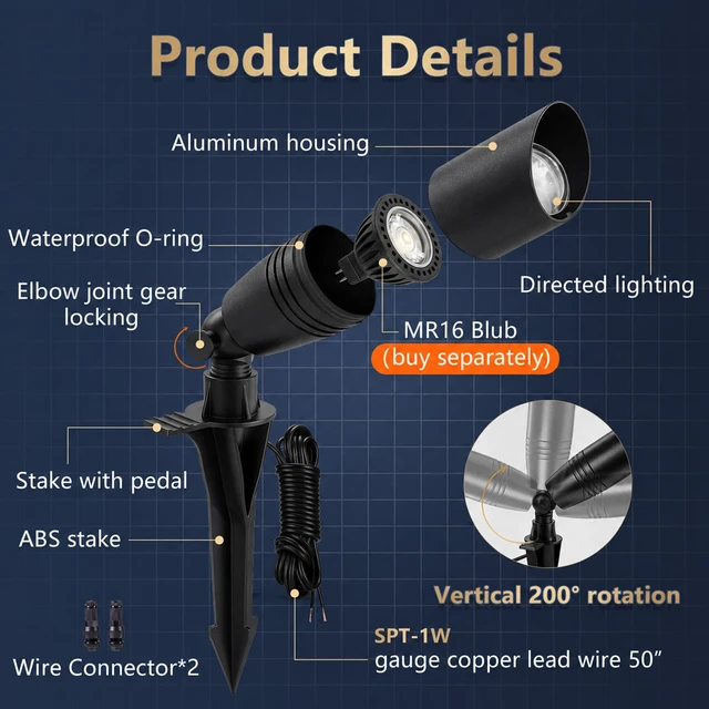 Alt view image 4 of 7 - Low Voltage Landscape Lighting,Outdoor Spotlights 12V Uplights | IP65 Waterproof,Die-cast Aluminum,200°Adjustable, Without MR16 Bulb,Heavy Duty Spot Light for Tree Garden Yard Pathway,4Pack