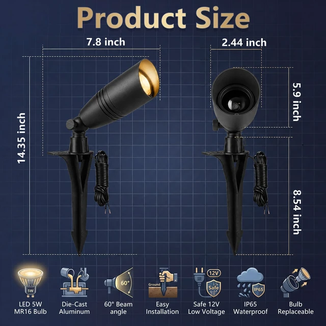Alt view image 7 of 7 - Low Voltage Landscape Lighting,Outdoor Spotlights 12V Uplights | IP65 Waterproof,Die-cast Aluminum,200°Adjustable, Without MR16 Bulb,Heavy Duty Spot Light for Tree Garden Yard Pathway,4Pack
