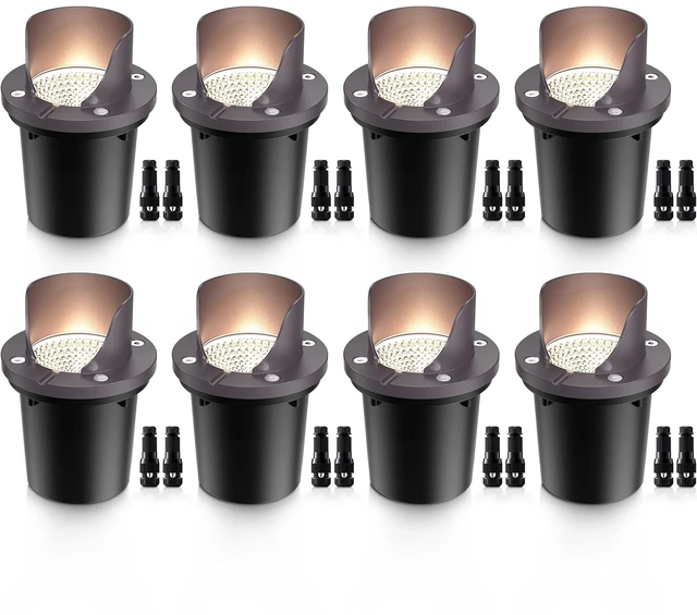 Main image of SUNVIE 8-Pack 12W 3000K LED Low Voltage Landscape Well Lights, Shield Top | 12-24V AC/DC, Waterproof, Anti-Glare, Die-Cast Aluminum In-Ground Lights for Pathway Garden Yard, Connectors Included