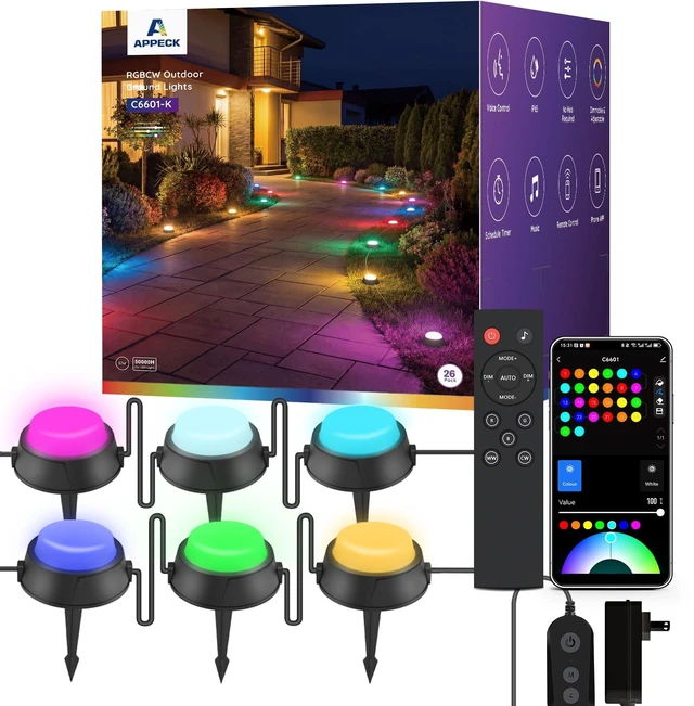 Main image of APPECK Outdoor Ground Lights 26 Pack, 58FT RGBCW Pathway Lights Wired | Tunable White Landscape Lights, DIY Scene Modes, IP65 Waterproof, for Path Yard Lawn Patio, Holiday Decor, App/Remote Control