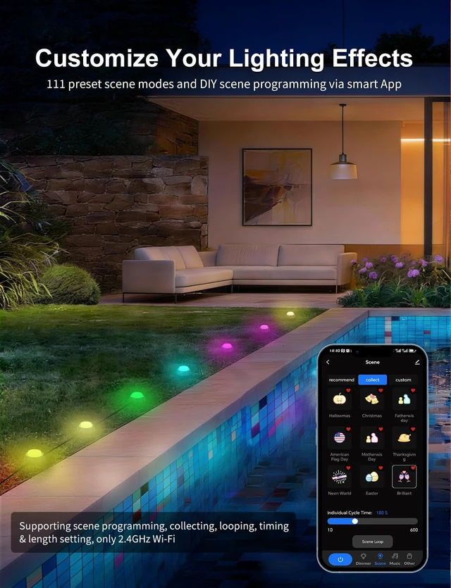 Alt view image 3 of 7 - APPECK Outdoor Ground Lights 26 Pack, 58FT RGBCW Pathway Lights Wired | Tunable White Landscape Lights, DIY Scene Modes, IP65 Waterproof, for Path Yard Lawn Patio, Holiday Decor, App/Remote Control