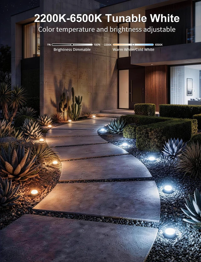 Alt view image 4 of 7 - APPECK Outdoor Ground Lights 26 Pack, 58FT RGBCW Pathway Lights Wired | Tunable White Landscape Lights, DIY Scene Modes, IP65 Waterproof, for Path Yard Lawn Patio, Holiday Decor, App/Remote Control