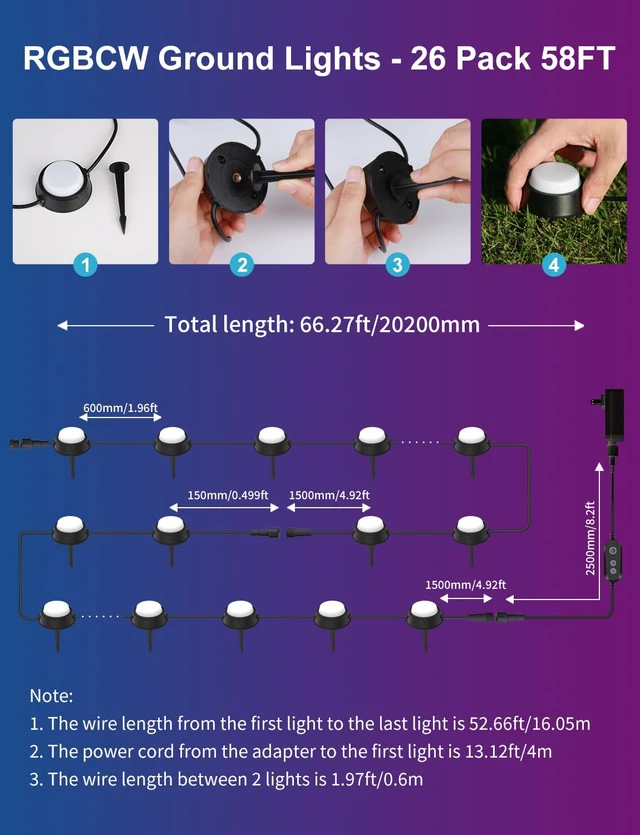Alt view image 6 of 7 - APPECK Outdoor Ground Lights 26 Pack, 58FT RGBCW Pathway Lights Wired | Tunable White Landscape Lights, DIY Scene Modes, IP65 Waterproof, for Path Yard Lawn Patio, Holiday Decor, App/Remote Control