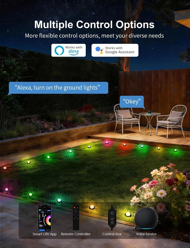 Alt view image 7 of 7 - APPECK Outdoor Ground Lights 26 Pack, 58FT RGBCW Pathway Lights Wired | Tunable White Landscape Lights, DIY Scene Modes, IP65 Waterproof, for Path Yard Lawn Patio, Holiday Decor, App/Remote Control