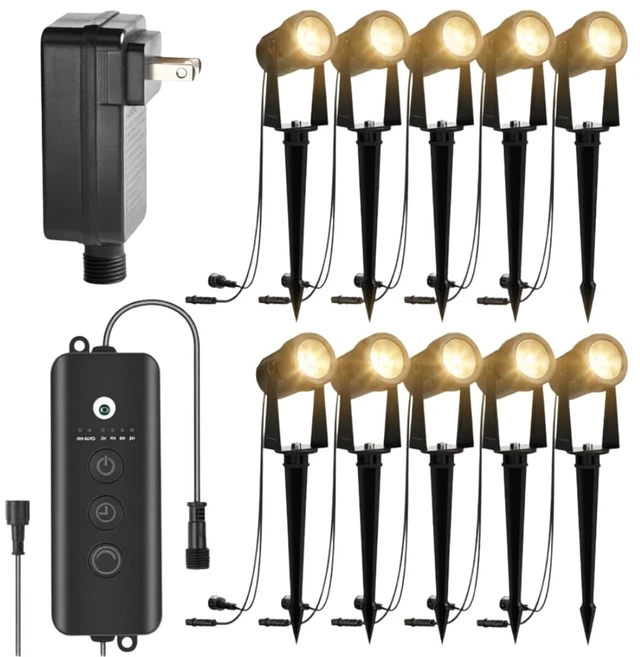 Main image of ZYAN Landscape Spotlights with Timer, Dimmable, Auto On Off, IP65 Waterproof Uplight for Yard Garden Pathway, Low Voltage Plug and Play, Warm White (10 Pack)