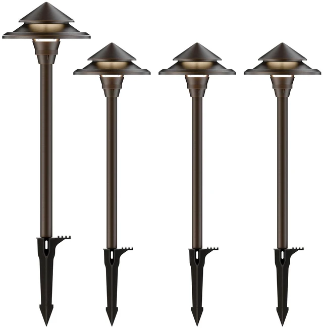 Main image of GOODSMANN Low Voltage Landscape Lighting 4PK LED Path Lights Oil Rubbed Bronze 4W 32 Lumen Hardwired 2 Tier Pagoda Landscape Pathway Lights 3000K Warm White Metal Stakes Cable Connectors