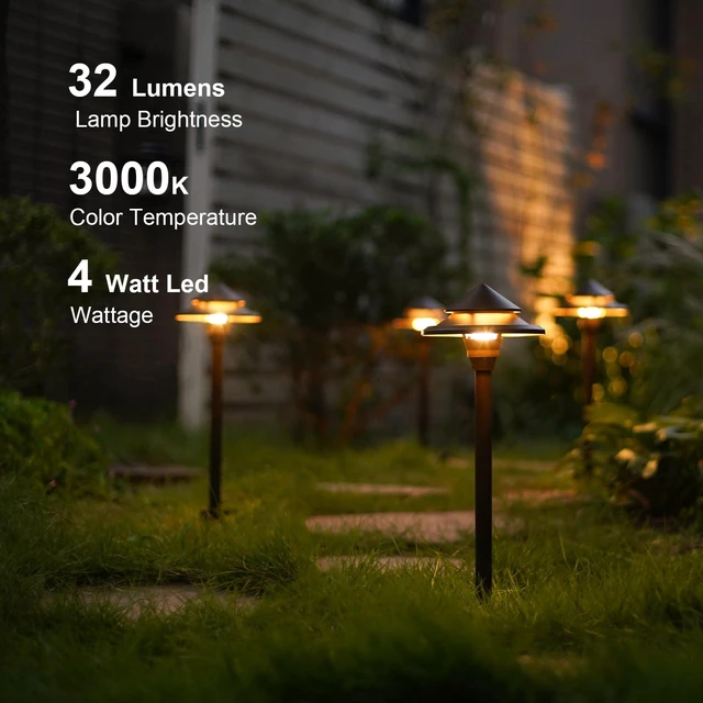 Alt view image 2 of 7 - GOODSMANN Low Voltage Landscape Lighting 4PK LED Path Lights Oil Rubbed Bronze 4W 32 Lumen Hardwired 2 Tier Pagoda Landscape Pathway Lights 3000K Warm White Metal Stakes Cable Connectors