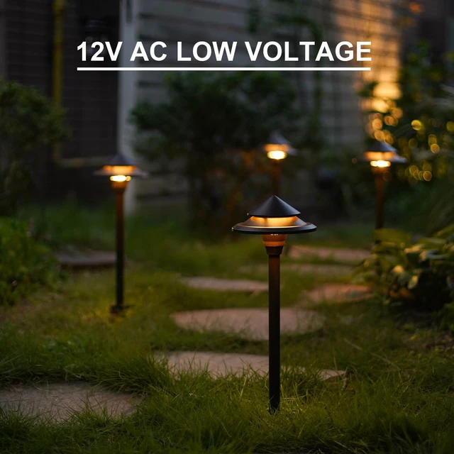 Alt view image 4 of 7 - GOODSMANN Low Voltage Landscape Lighting 4PK LED Path Lights Oil Rubbed Bronze 4W 32 Lumen Hardwired 2 Tier Pagoda Landscape Pathway Lights 3000K Warm White Metal Stakes Cable Connectors