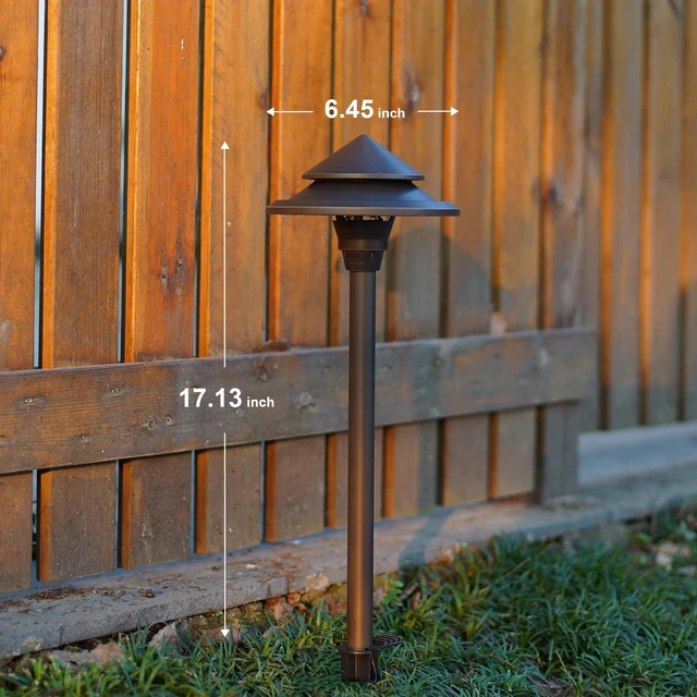 Alt view image 7 of 7 - GOODSMANN Low Voltage Landscape Lighting 4PK LED Path Lights Oil Rubbed Bronze 4W 32 Lumen Hardwired 2 Tier Pagoda Landscape Pathway Lights 3000K Warm White Metal Stakes Cable Connectors