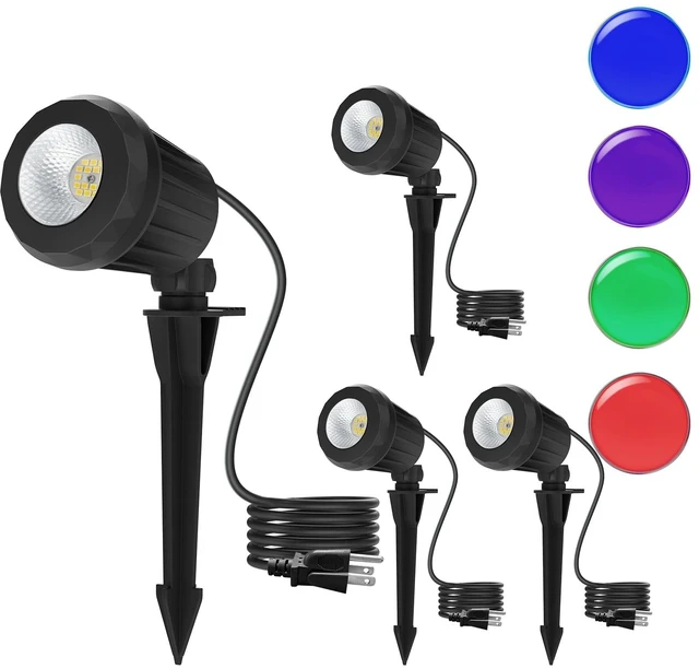 Main image of Holeva Halloween & Christmas Outdoor Spotlight, 6500K Cool White LED Landscape Lighting with 4 Lenses (RGB Purple), IP67 Waterproof, 120V Plug-in for Yard, GardenTree Holiday Decor(4 Pack, Black)