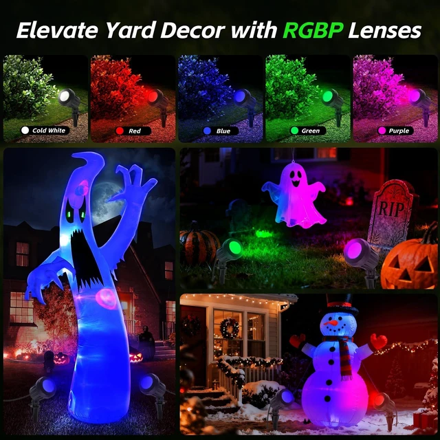 Alt view image 4 of 7 - Holeva Halloween & Christmas Outdoor Spotlight, 6500K Cool White LED Landscape Lighting with 4 Lenses (RGB Purple), IP67 Waterproof, 120V Plug-in for Yard, GardenTree Holiday Decor(4 Pack, Black)