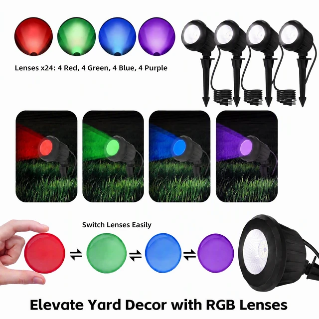 Alt view image 6 of 7 - Holeva Halloween & Christmas Outdoor Spotlight, 6500K Cool White LED Landscape Lighting with 4 Lenses (RGB Purple), IP67 Waterproof, 120V Plug-in for Yard, GardenTree Holiday Decor(4 Pack, Black)