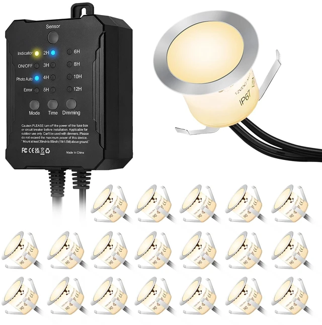 Main image of Sunmerit 20 Pack Dimmable Recessed Deck Stair Lighting All-in-one with Timer Photocell Sensor Transformer Low Voltage LED Step Riser Lights IP67 Waterproof 1.26 12V Warm White Patio Kit Decorations
