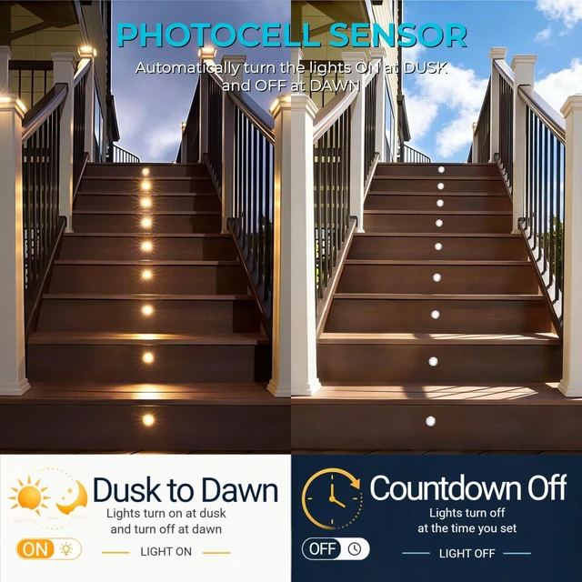 Alt view image 2 of 7 - Sunmerit 20 Pack Dimmable Recessed Deck Stair Lighting All-in-one with Timer Photocell Sensor Transformer Low Voltage LED Step Riser Lights IP67 Waterproof 1.26 12V Warm White Patio Kit Decorations