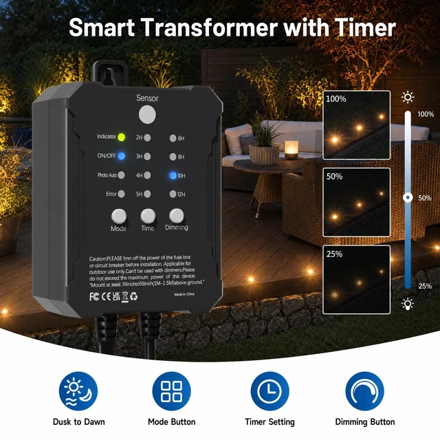 Alt view image 4 of 7 - Sunmerit 20 Pack Dimmable Recessed Deck Stair Lighting All-in-one with Timer Photocell Sensor Transformer Low Voltage LED Step Riser Lights IP67 Waterproof 1.26 12V Warm White Patio Kit Decorations