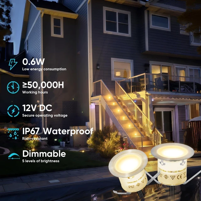 Alt view image 7 of 7 - Sunmerit 20 Pack Dimmable Recessed Deck Stair Lighting All-in-one with Timer Photocell Sensor Transformer Low Voltage LED Step Riser Lights IP67 Waterproof 1.26 12V Warm White Patio Kit Decorations