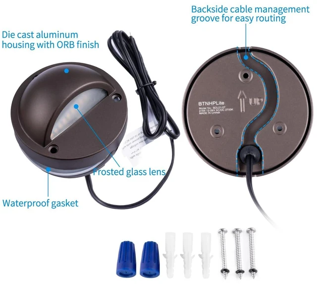 Alt view image 3 of 7 - BTNHPLite 2.5W ORB Aluminum Low Voltage Deck Lights 2700K 3.74In 180lm IP65 | 12-24V AC/DC, LED Low Voltage Fence Lights, Outdoor Deck Step Lights, With IP65 Wire Nuts, 4FT Corded, ORB Finish, 12-Pack