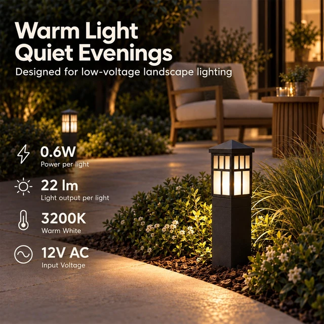 Alt view image 2 of 7 - LL LIGHTING LIVING Low Voltage Bollard Path Lights Black 2 Pack | 0.6W 22LM 3200K Warm White LED Metal Body Glass Shade Ground Stake Quick Connector