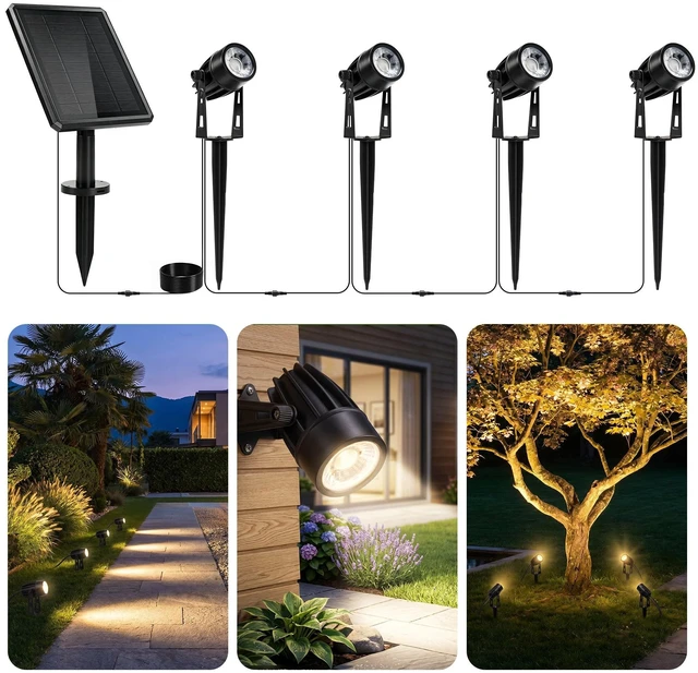 Main image of Solar Spot Lights Outdoor Palm Tree Flag Plant Sculpture Uplights | 4pack 2-in-1 Stake&Wall Mounted Landscape Spotlights, IP65 Waterproof, Pool Yard Pathway Decor, Dusk to Dawn Warm White Light