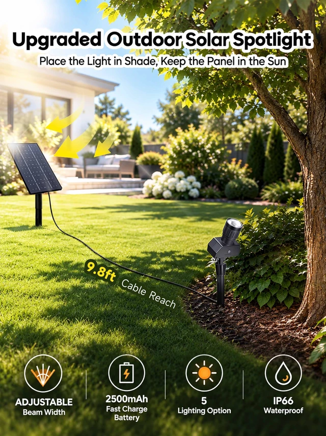 Alt view image 2 of 7 - Solar Spot Lights Outdoor, 10-60° Adjustable Beam Width, 2 Pack | Separate Solar Panel, 3000K/4500K/6500K, 2 Brightness Levels, IP66 Waterproof, Auto On/Off, for Trees, Flags, House Exteriors
