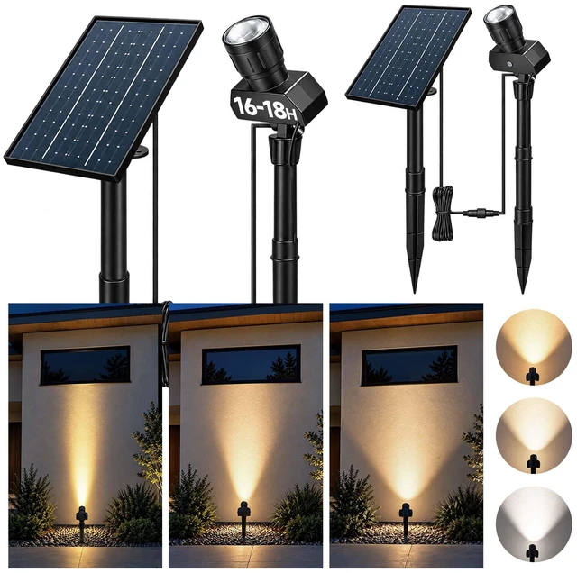 Main image of Solar Spot Lights Outdoor, 10-60° Adjustable Beam Width, 2 Pack | Separate Solar Panel, 3000K/4500K/6500K, 2 Brightness Levels, IP66 Waterproof, Auto On/Off, for Trees, Flags, House Exteriors