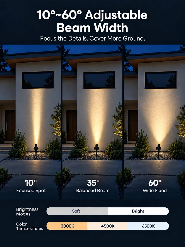 Alt view image 3 of 7 - Solar Spot Lights Outdoor, 10-60° Adjustable Beam Width, 2 Pack | Separate Solar Panel, 3000K/4500K/6500K, 2 Brightness Levels, IP66 Waterproof, Auto On/Off, for Trees, Flags, House Exteriors