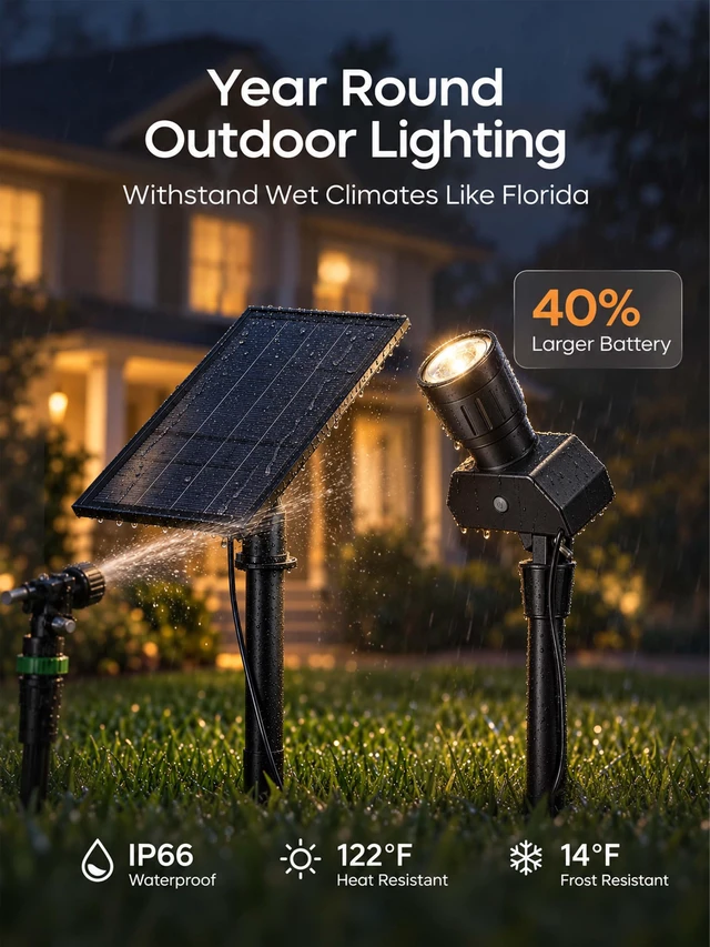 Alt view image 6 of 7 - Solar Spot Lights Outdoor, 10-60° Adjustable Beam Width, 2 Pack | Separate Solar Panel, 3000K/4500K/6500K, 2 Brightness Levels, IP66 Waterproof, Auto On/Off, for Trees, Flags, House Exteriors