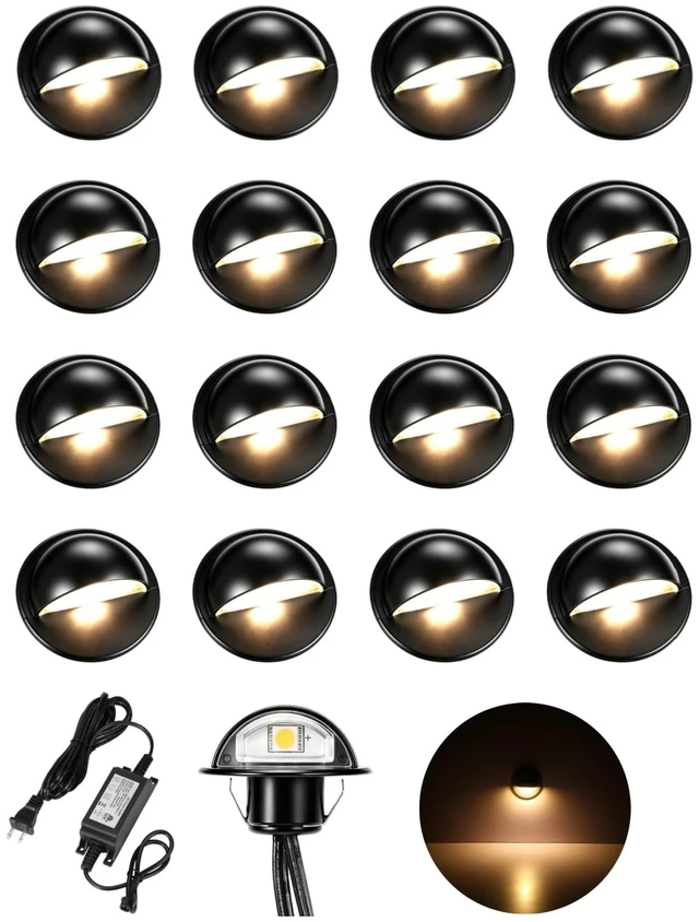 Main image of Low Voltage LED Recessed Deck Lights Kit Outdoor Landscape Lighting | DC12V IP67 Waterproof 1.38 Warm White 0.4W for Garden Yard Step Riser Stair Decoration (16Pack warm white)