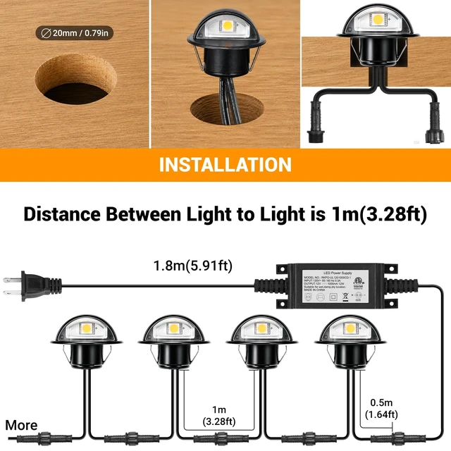 Alt view image 5 of 7 - Low Voltage LED Recessed Deck Lights Kit Outdoor Landscape Lighting | DC12V IP67 Waterproof 1.38 Warm White 0.4W for Garden Yard Step Riser Stair Decoration (16Pack warm white)