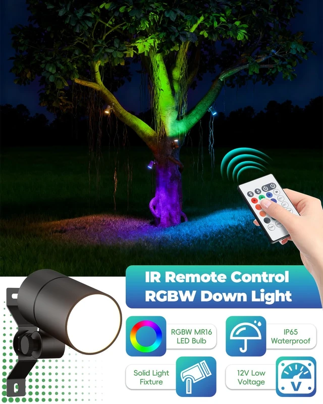 Alt view image 3 of 7 - Makergroup 12V Low Voltage Landscape Light for Down Light Tree Lights, Remote Control RGBW MR16 LED Bulb, RGB+CCT Tunable 2700K-6500K, IP65 Waterproof Spotlight for Outdoor Garden Yard Fence (Black)