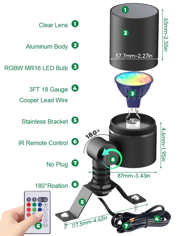 Alt view image 7 of 7 - Makergroup 12V Low Voltage Landscape Light for Down Light Tree Lights, Remote Control RGBW MR16 LED Bulb, RGB+CCT Tunable 2700K-6500K, IP65 Waterproof Spotlight for Outdoor Garden Yard Fence (Black)