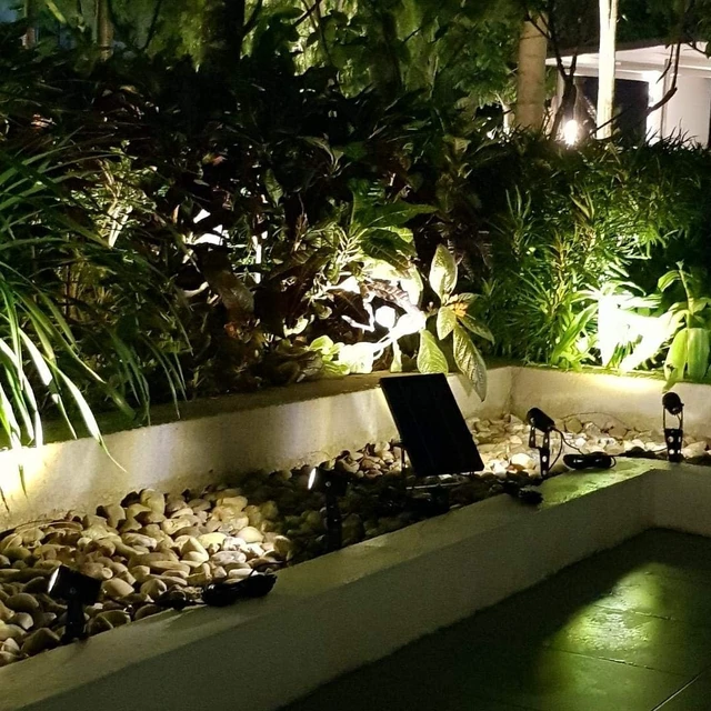 Alt view image 4 of 7 - 4-Spotlight Mini 50X Solar-Powered LED Spotlight (Warm White LED), Black Finish, Outdoor Garden Yard Landscape Downlight