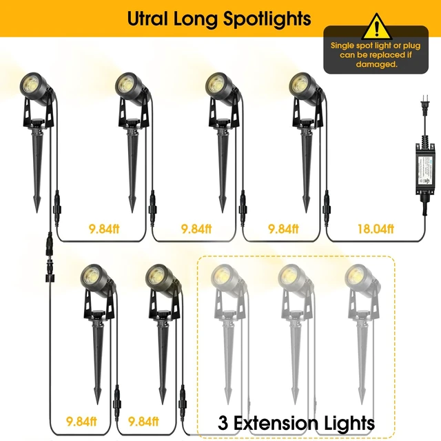 Alt view image 5 of 7 - CPLIRIS Outdoor Landscape Lighting, LED Spot Lights Kit for Garden, Yard, House, Lawn, Tree, Flags, Fence Use, Warm White 2700k-3300k, IP67 Waterproof & Connectable - 6 Pack