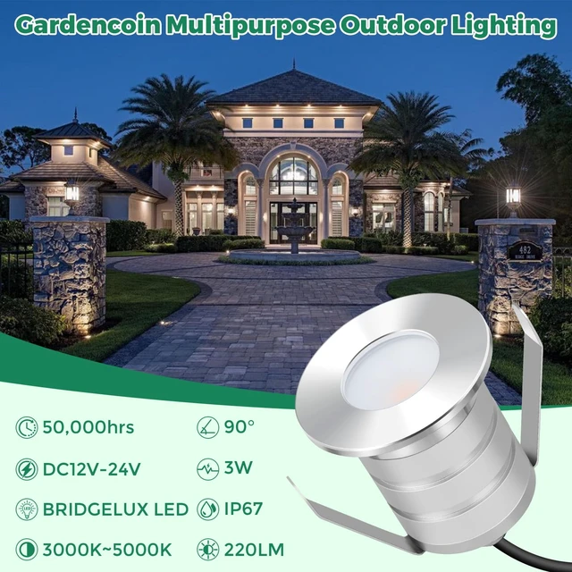 Alt view image 2 of 7 - Gardencoin Outdoor Recessed LED Lights, 3 Watt Soffit & Deck Riser Lighting Flush Mount, 12V-24V Low Voltage Landscape In Ground Well Light, IP67 Waterproof, 3000K Warm White, 6 Pack