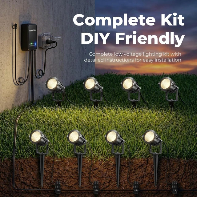 Alt view image 6 of 7 - Elenora All-in-One Low Voltage Landscape Lighting Kit, 6W Landscape Spotlights with 80W Transformer & 80FT Wire & Connectors, 2700K Warm White LED Spot Lights Waterproof for Yard Garden Tree, 8 Pack