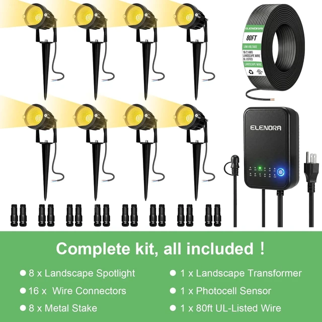 Alt view image 7 of 7 - Elenora All-in-One Low Voltage Landscape Lighting Kit, 6W Landscape Spotlights with 80W Transformer & 80FT Wire & Connectors, 2700K Warm White LED Spot Lights Waterproof for Yard Garden Tree, 8 Pack