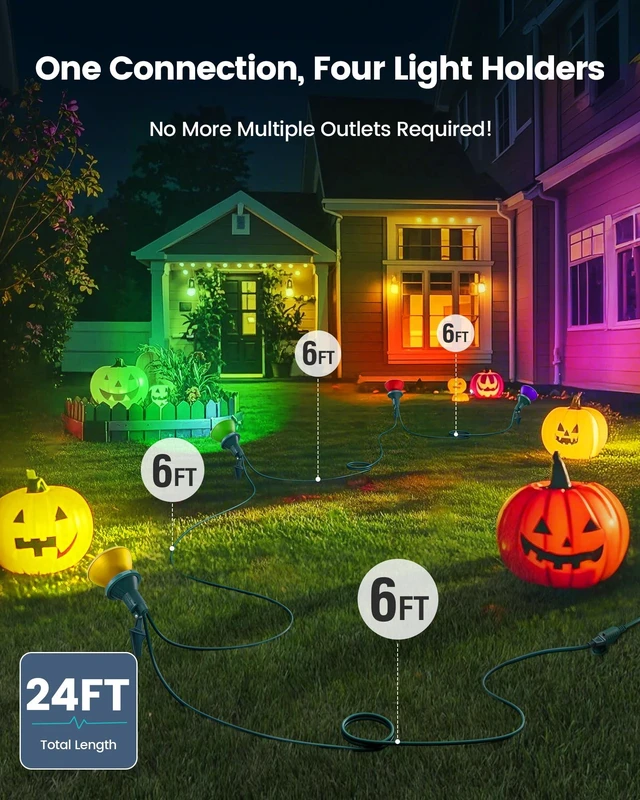 Alt view image 2 of 7 - SURAIELEC 4-Socket Flood Light Holder Outdoor, Fit PAR38 Bulbs, ETL Listed | E26 Socket, Outdoor Spotlight with Evenly Spaced 4 Sockets, Waterproof Stake Light for Yard, Holiday Decoration, 24 FT