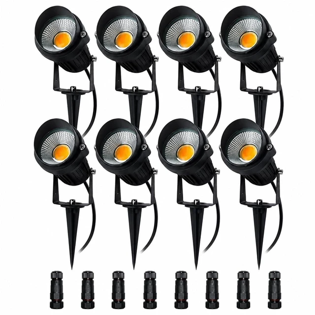 Main image of ELEGLO 5W Low Voltage LED Landscape Lights,12V/24V AC/DC Landscape Lighting,Outdoor Lawn Tree Flag Spotlights with Spike Stand,IP65 Waterproof Garden Pathway Lights (8 Pack Warm White with Connector)