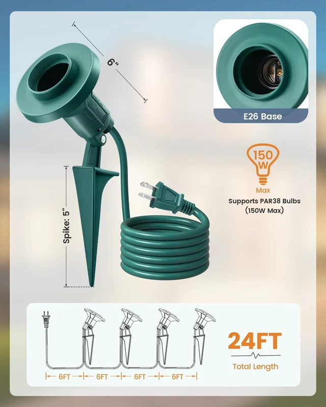 Alt view image 7 of 7 - SURAIELEC 4-Socket Flood Light Holder Outdoor, Fit PAR38 Bulbs, ETL Listed | E26 Socket, Outdoor Spotlight with Evenly Spaced 4 Sockets, Waterproof Stake Light for Yard, Holiday Decoration, 24 FT