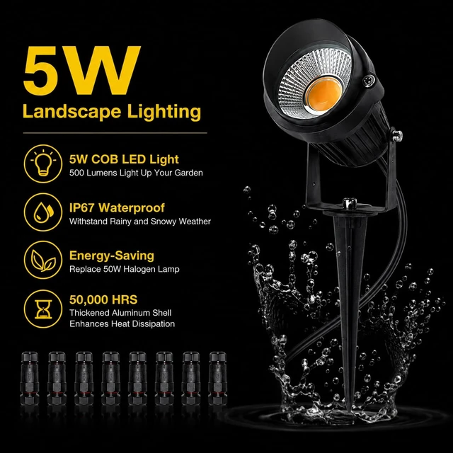 Alt view image 2 of 7 - ELEGLO 5W Low Voltage LED Landscape Lights,12V/24V AC/DC Landscape Lighting,Outdoor Lawn Tree Flag Spotlights with Spike Stand,IP65 Waterproof Garden Pathway Lights (8 Pack Warm White with Connector)