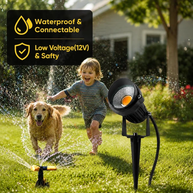 Alt view image 4 of 7 - ELEGLO 5W Low Voltage LED Landscape Lights,12V/24V AC/DC Landscape Lighting,Outdoor Lawn Tree Flag Spotlights with Spike Stand,IP65 Waterproof Garden Pathway Lights (8 Pack Warm White with Connector)