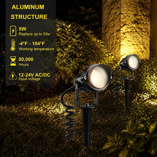 Alt view image 3 of 7 - ELEGLO 5W Low Voltage LED Landscape Lights,12V/24V AC/DC Landscape Lighting,Outdoor Lawn Tree Flag Spotlights with Spike Stand,IP65 Waterproof Garden Pathway Lights (8 Pack Warm White with Connector)