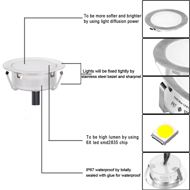 Alt view image 4 of 7 - SMY Lighting Recessed LED Deck Lights Kits 6 Pack, (Upgrade Version) Deck Lighting Waterproof IP67,Low Voltage LED Lights for Garden, Steps,Stair, Living Room, Bathroom, Patio, Pool Deck,Kitchen