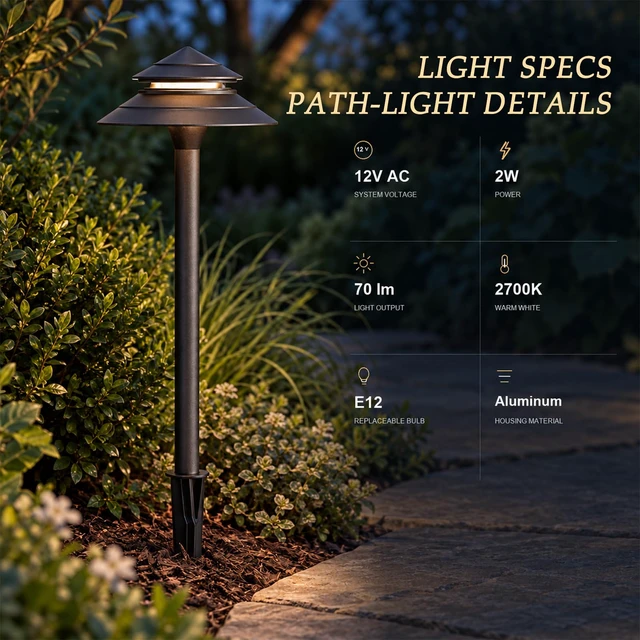 Alt view image 2 of 7 - 12V AC Low Voltage Path Lights 2W 70LM 2PK E12 Replaceable E12 Bulb | 2700K Aluminum 2-Tier Outdoor Pathway Lights With Connectors And Stakes
