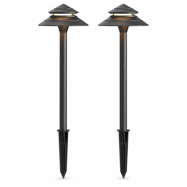 Main image of 12V AC Low Voltage Path Lights 2W 70LM 2PK E12 Replaceable E12 Bulb | 2700K Aluminum 2-Tier Outdoor Pathway Lights With Connectors And Stakes